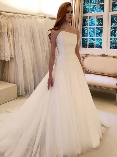 A-line Strapless Satin Tulle Sweep Train Wedding Dresses #Milly00024215