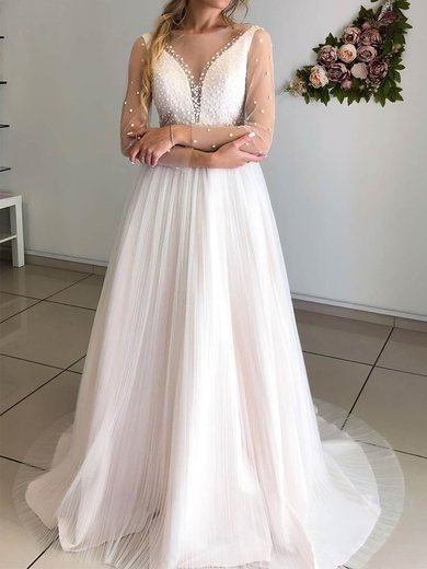 Ball Gown Illusion Tulle Sweep Train Wedding Dresses With Beading #Milly00024216