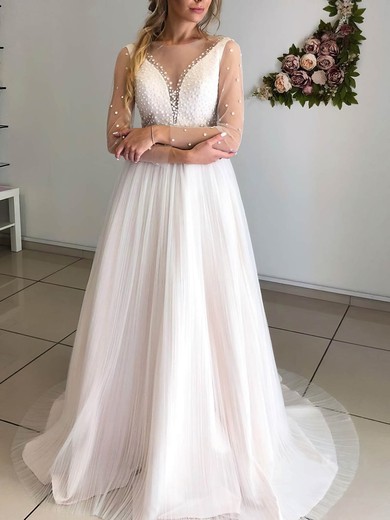 A-line Scoop Neck Tulle Sweep Train Beading Wedding Dresses #Milly00024216