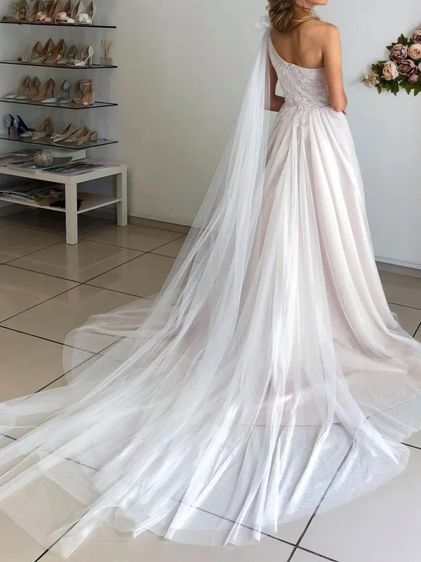 Ball Gown One Shoulder Tulle Sweep Train Wedding Dresses With Appliques Lace #Milly00024217