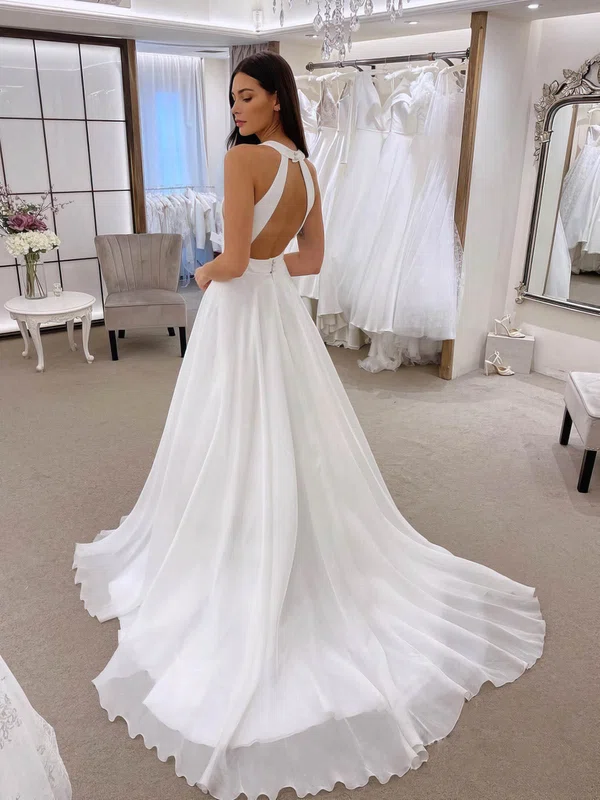 A-line V-neck Chiffon Sweep Train Wedding Dresses With Appliques Lace #Milly00024218