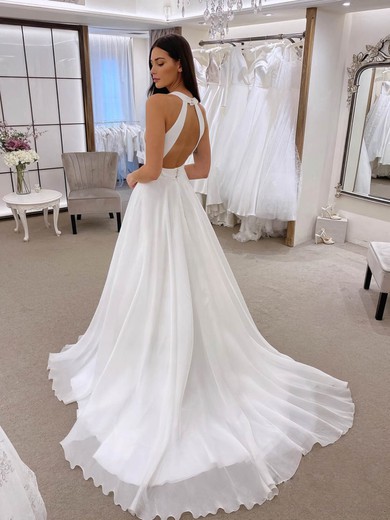 A-line V-neck Chiffon Sweep Train Appliques Lace Wedding Dresses #Milly00024218