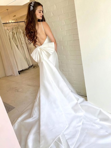 A-line V-neck Silk-like Satin Court Train Bow Wedding Dresses #Milly00024220