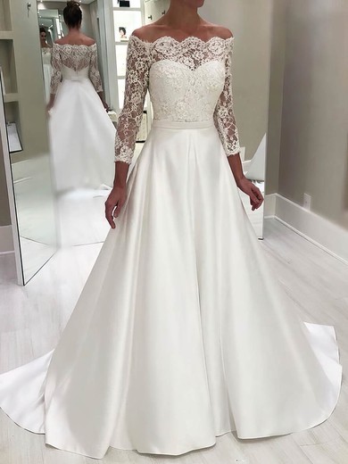 Ball Gown Off-the-shoulder Satin Sweep Train Wedding Dresses With Appliques Lace #Milly00024222