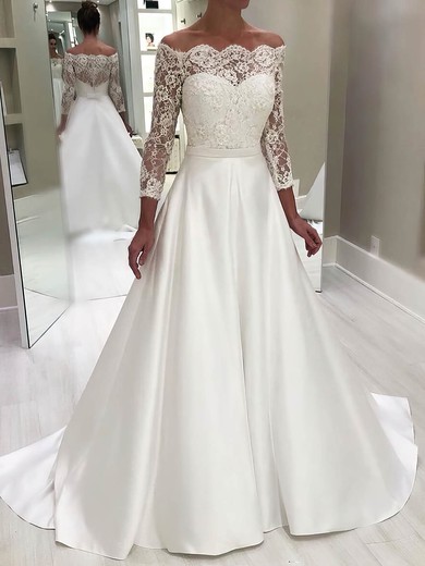A-line Off-the-shoulder Satin Sweep Train Appliques Lace Wedding Dresses #Milly00024222