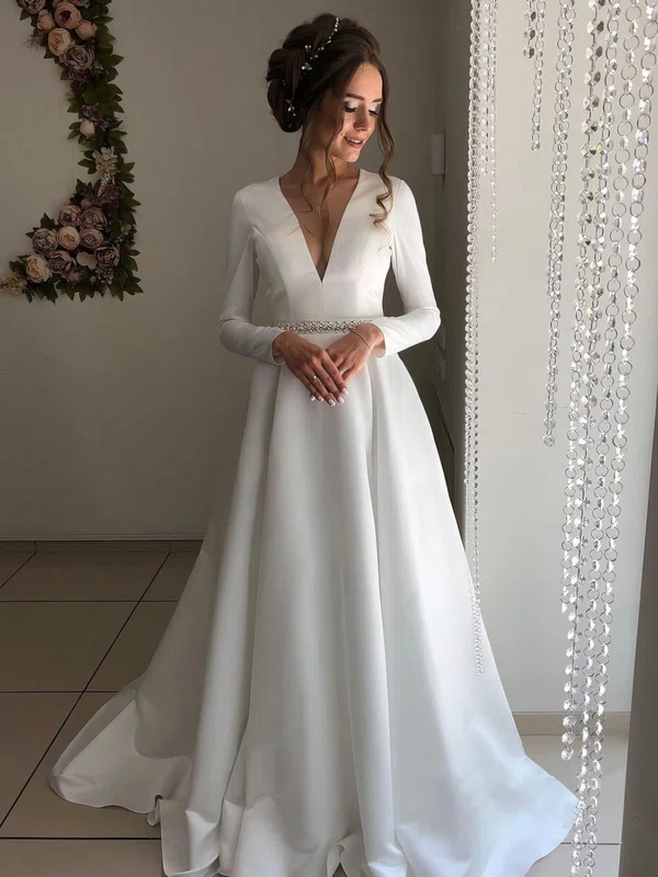 Ball Gown V-neck Satin Court Train Wedding Dresses With Pockets #Milly00024228