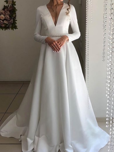 Ball Gown V-neck Satin Court Train Wedding Dresses With Pockets #Milly00024228