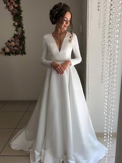 A-line V-neck Satin Court Train Beading Wedding Dresses #Milly00024228