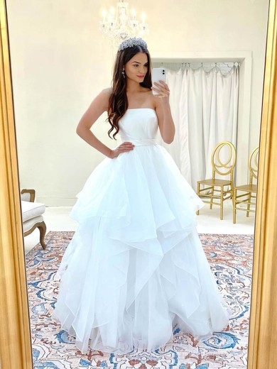 A-line Strapless Satin Tulle Sweep Train Cascading Ruffles Wedding Dresses #Milly00024229