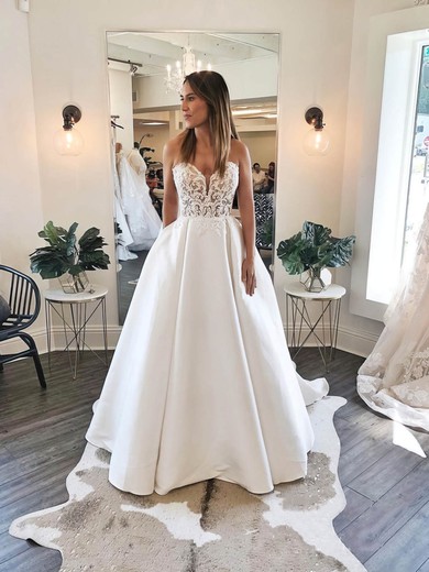 Ball Gown V-neck Satin Sweep Train Wedding Dresses With Pockets #Milly00024230