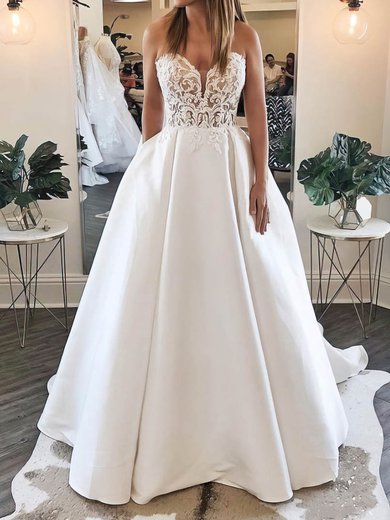 Ball Gown/Princess V-neck Satin Sweep Train Wedding Dresses With Pockets #Milly00024230