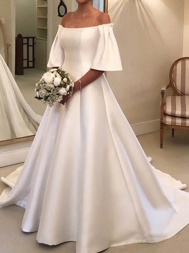 Ball Gown Off-the-shoulder Satin Sweep Train Wedding Dresses #Milly00024235