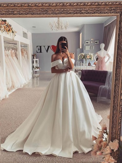 Ball Gown Off-the-shoulder Satin Sweep Train Wedding Dresses #Milly00024236