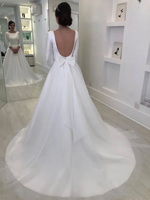 Ball Gown Scoop Neck Satin Court Train Wedding Dresses With Bow #Milly00024238