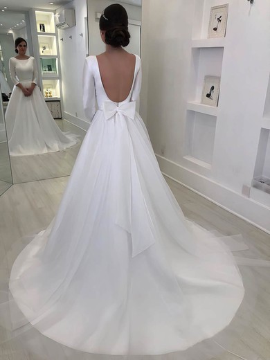 A-line Scoop Neck Tulle Silk-like Satin Court Train Bow Wedding Dresses #Milly00024238