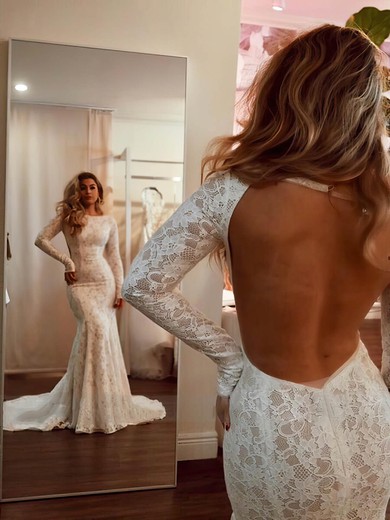 Trumpet/Mermaid Scoop Neck Lace Court Train Wedding Dresses #Milly00024241