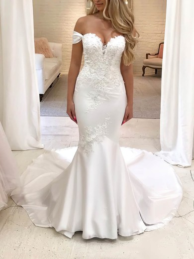 Trumpet/Mermaid Off-the-shoulder Silk-like Satin Sweep Train Appliques Lace Wedding Dresses #Milly00024242