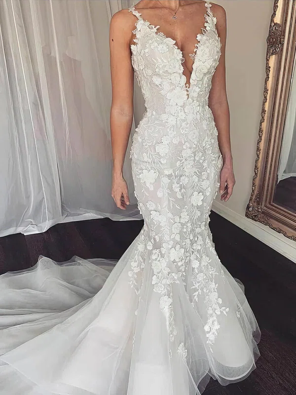Trumpet/Mermaid V-neck Tulle Sweep Train Wedding Dresses With Appliques Lace #Milly00024243