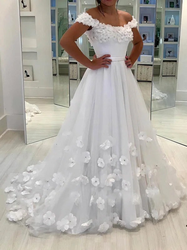 Ball Gown Off-the-shoulder Tulle Sweep Train Wedding Dresses With Flower(s) #Milly00024246