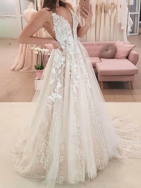 Ball Gown/Princess V-neck Tulle Sweep Train Wedding Dresses With Appliques Lace #Milly00024247