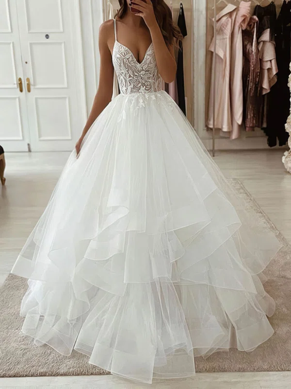 Ball Gown/Princess V-neck Tulle Sweep Train Appliques Lace Wedding Dresses #Milly00024248