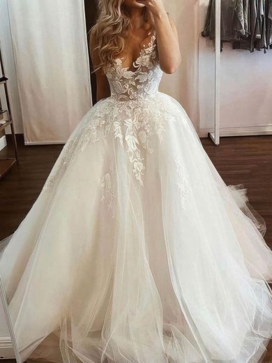 Ball Gown V-neck Tulle Sweep Train Wedding Dresses With Appliques Lace #Milly00024249