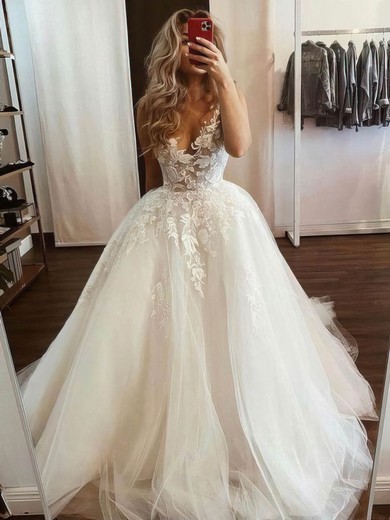 A-line V-neck Tulle Sweep Train Appliques Lace Wedding Dresses #Milly00024249