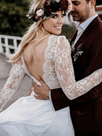 A-line V-neck Chiffon Sweep Train Lace Wedding Dresses #Milly00024251