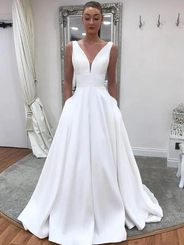 Ball Gown V-neck Satin Sweep Train Wedding Dresses With Pockets #Milly00024253