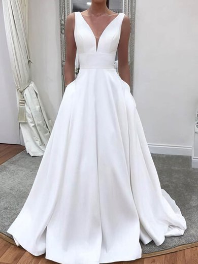 Ball Gown V-neck Satin Sweep Train Wedding Dresses With Pockets #Milly00024253