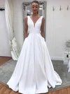 A-line V-neck Satin Sweep Train Pockets Wedding Dresses #Milly00024253