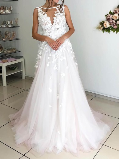 A-line Scoop Neck Tulle Sweep Train Appliques Lace Wedding Dresses #Milly00024254