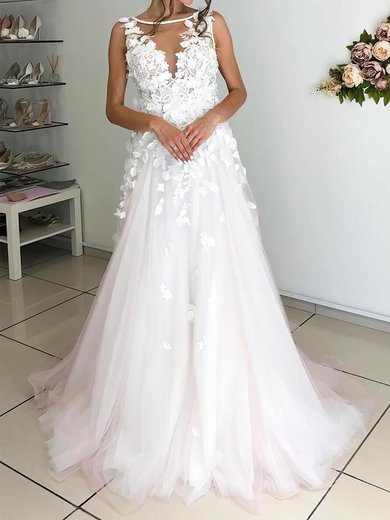 Ball Gown Illusion Tulle Sweep Train Wedding Dresses With Appliques Lace #Milly00024254