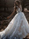 Ball Gown V-neck Tulle Sweep Train Wedding Dresses With Appliques Lace #Milly00024256