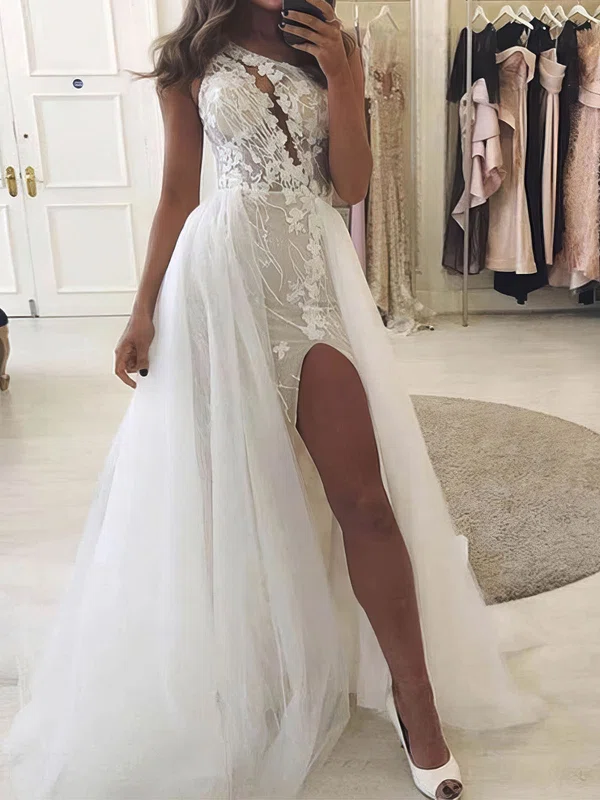 A-line One Shoulder Tulle Sweep Train Appliques Lace Wedding Dresses #Milly00024258