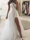 A-line One Shoulder Tulle Sweep Train Appliques Lace Wedding Dresses #Milly00024258