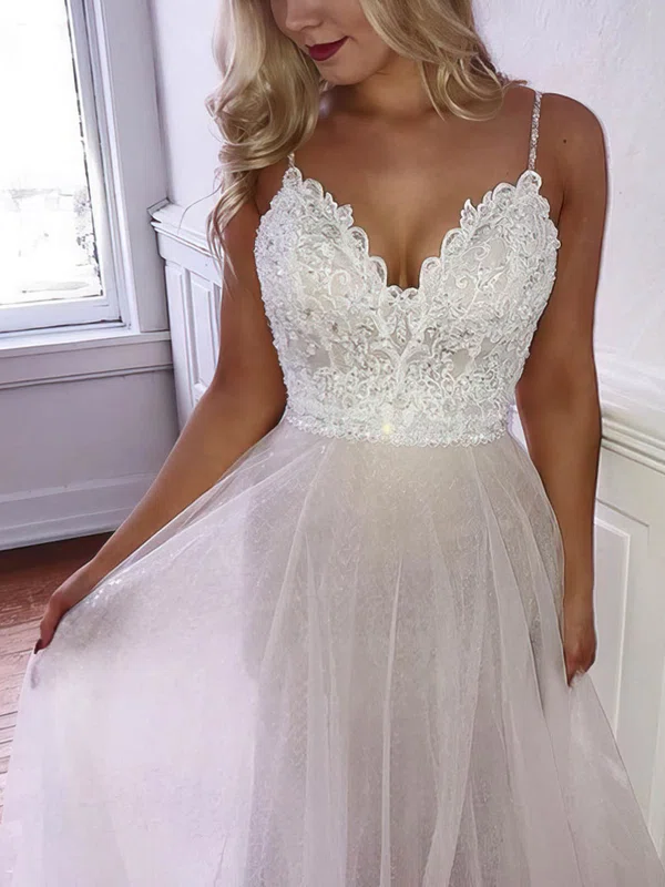 A-line V-neck Tulle Sweep Train Beading Wedding Dresses #Milly00024259