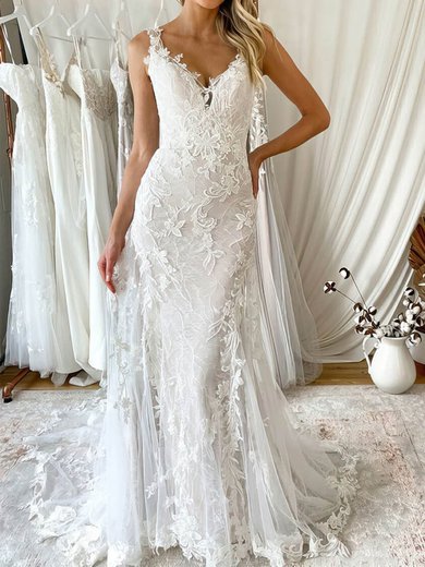 Trumpet/Mermaid V-neck Tulle Sweep Train Wedding Dresses With Appliques Lace #Milly00024260