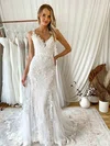 Trumpet/Mermaid V-neck Tulle Sweep Train Wedding Dresses With Appliques Lace #Milly00024260