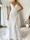 Trumpet/Mermaid V-neck Tulle Sweep Train Wedding Dresses With Appliques Lace #Milly00024260