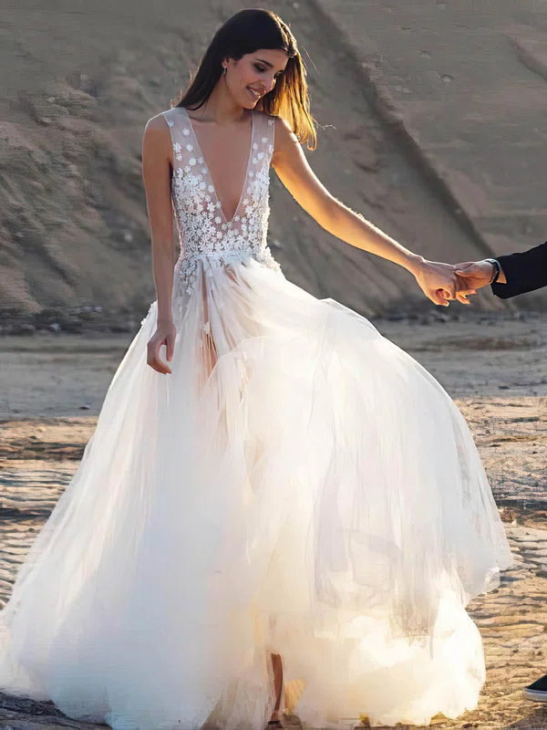 Ball Gown V-neck Tulle Sweep Train Wedding Dresses With Appliques Lace #Milly00024261