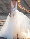 Ball Gown/Princess V-neck Tulle Sweep Train Wedding Dresses With Appliques Lace #Milly00024261