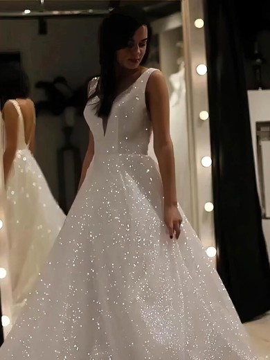 Ball Gown V-neck Glitter Sweep Train Wedding Dresses #Milly00024266
