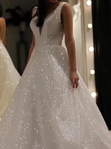 Ball Gown V-neck Glitter Sweep Train Wedding Dresses #Milly00024266