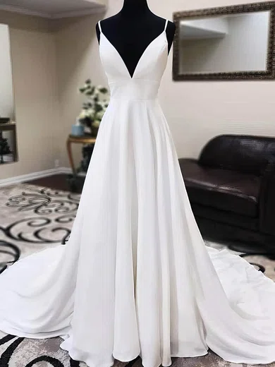 A-line V-neck Chiffon Sweep Train Wedding Dresses With Appliques Lace #Milly00024269