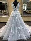 Ball Gown V-neck Tulle Sweep Train Wedding Dresses With Appliques Lace #Milly00024270