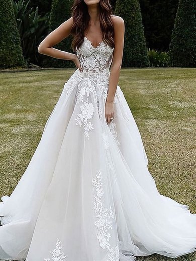 Ball Gown/Princess V-neck Tulle Sweep Train Wedding Dresses With Appliques Lace #Milly00024273