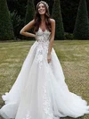 Ball Gown V-neck Tulle Sweep Train Wedding Dresses With Appliques Lace #Milly00024273