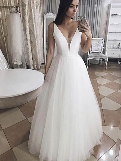 A-line V-neck Tulle Floor-length Wedding Dresses #Milly00024274