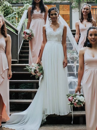 A-line V-neck Chiffon Sweep Train Lace Wedding Dresses #Milly00024275